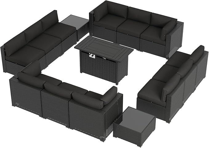Aoxun 15 Piece Patio Furniture Set with 44” Fire Pit Table Wicker Rattan Patio Sectional Sofa Set Outdoor Seating Furniture with Thickened Cushion, Black