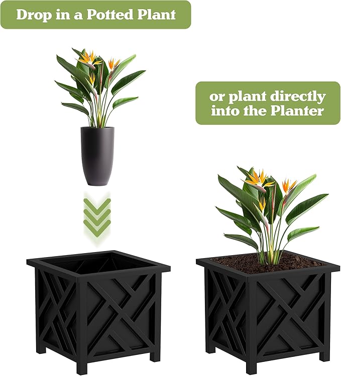 Lattice Design Planter Box 2-Pack – 14.75-Inch Decorative Outdoor Flower or Plant Pots – Front Porch, Patio, and Garden Decor by Pure Garden (Black)
