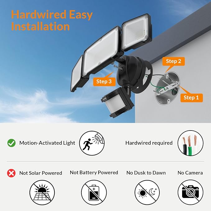 LEPOWER LED Motion Sensor Security Lights, 3 Head Motion Detected, 38W, 4200LM, Waterproof IP65, 5500K, Full Metal for Outdoor, Garage, Porch, Yard (Black)