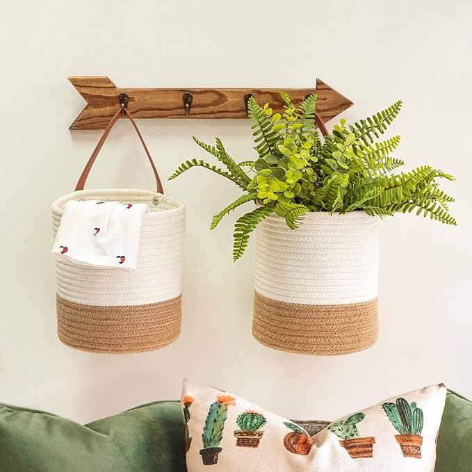 Goodpick 2pack Jute Rope Hanging Basket - Small Woven Fern Wall Hanging Baskets Flower Plants, Woven Basket Key Storage Baskets, White and Jute 7.87 x 7 x 11.7 inches