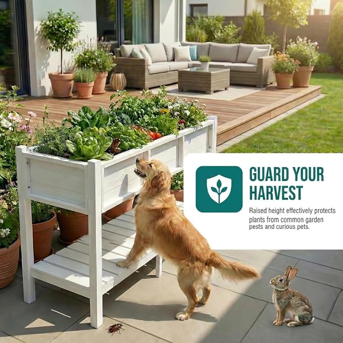 YITAHOME 48x18x30in Raised Garden Bed HDPE, Weather-Resistant Poly Lumber Planter Box with Legs & Storage Shelf, Elevated Garden Bed for Yard, Garden, Balcony - White