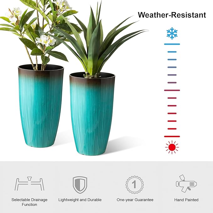 Glitzhome 23.5" H Tall Outdoor Planter, Set of 2 Large Tall Planters with Gradient Turquoise Faux Ceramic Finish, Large Flower Pots for Porch Garden Patio Indoor All Season Decor,with Drainage Holes