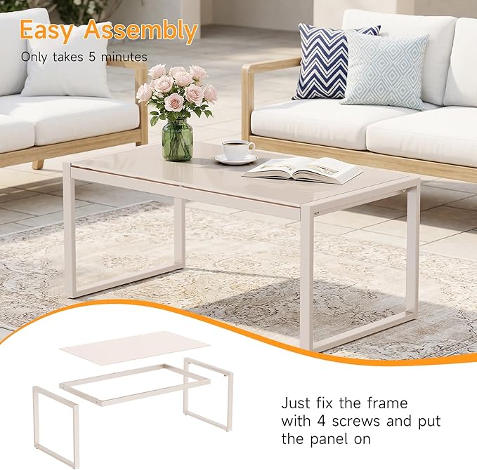 ONBRILL Rectangle Coffee Table with Tempered Glass Desktop, Galvanized Frame Outdoor Coffee Table with Adjustable Feet for Patio, Balcony, Deck, Living Room, Sand