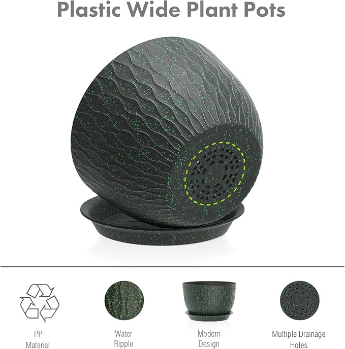 12/10/9 inch Large Plant Pots, 3 Pack Wide Flower Pots for Outdoor Indoor Plants, Water Ripples Plastic Planters with Drainage Holes and Saucers for Garden House, Black with Green Speckles
