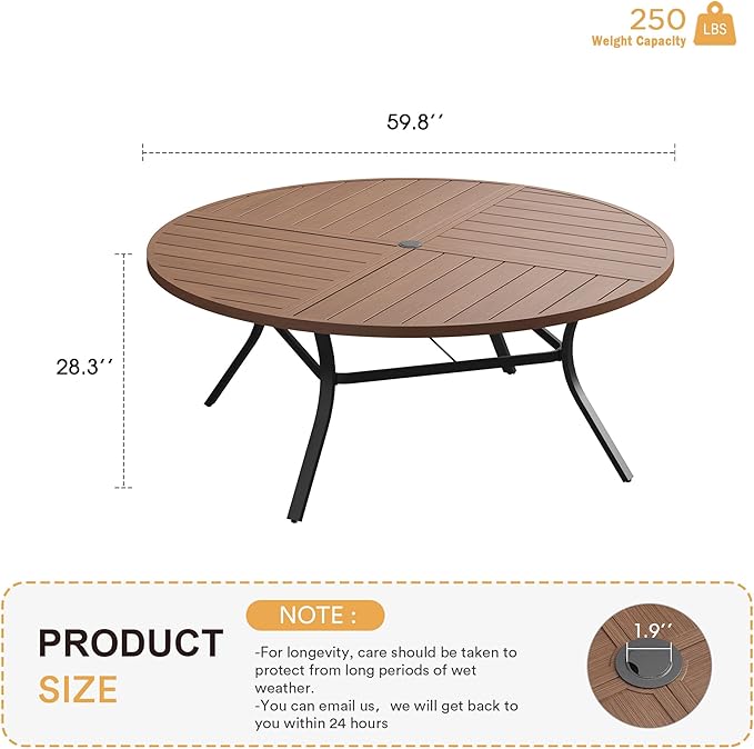 VICLLAX Round Patio Table with Adjustable Umbrella Hole for 8, All Weather Metal Outdoor Dining Table for Lawn Garden, 59.8" Outdoor Coffee Table, Walnut Wood-Like Tabletop
