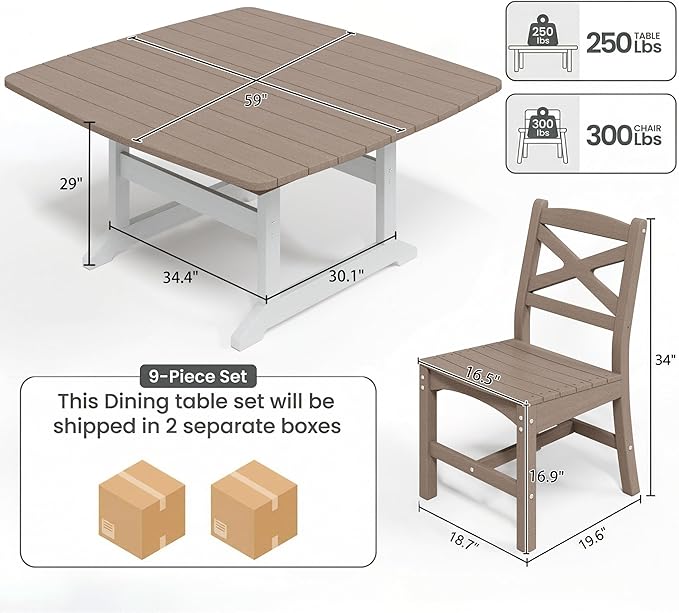 Outdoor Dining Set, HDPE 9-Piece Patio Table and Chairs Set, All-Weather Outdoor Dining Table Set for 8 with Umbrella Hole, Durable Patio Furniture Set with Chairs,White Brown