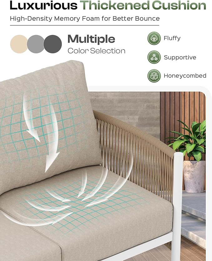Aluminum Outdoor Patio Furniture Set with Dual-Layer Coffee Table, 4 Piece Modern Patio Conversation Sets with PE Rope, Outdoor Sectional Sofa with Thick Cushions for Balcony, Deck, Ivory