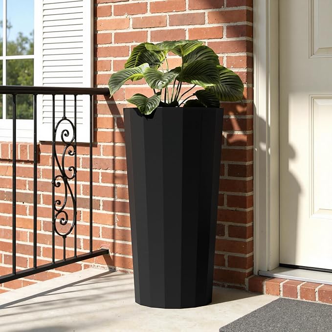 23.6" H Tall Planters for Outdoor Plants, 2 Pack Large Outdoor Planters for Porch Decor with Automatic Drainage Hole, Plastic Stripe Design Flower Pots Fits Indoor Plants Patio Garden, Black