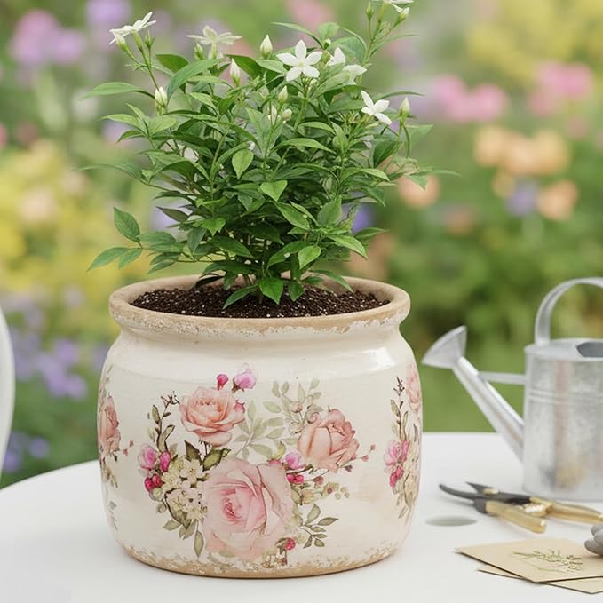 Ceramic Planter for Indoor Plants, 6.29 Inch Rose Pattern Crackle Glaze Flower Pot with Drainage Hole, Orchid Succulent Pots, European Farmhouse Bedroom Balcony Decor Gift, Pink