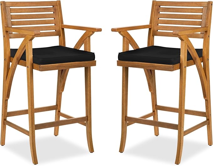 Best Choice Products Set of 2 Outdoor Acacia Wood Bar Stools Bar Chairs for Patio, Pool, Garden w/Weather-Resistant Cushions - Black