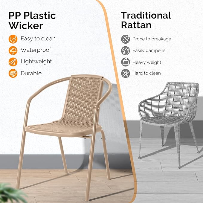 VINGLI PE Rattan Outdoor Dining Chairs Set of 2, Plastic Stackable Patio Chairs for Indoor, Porch, Restaurant, Garden,Champagne