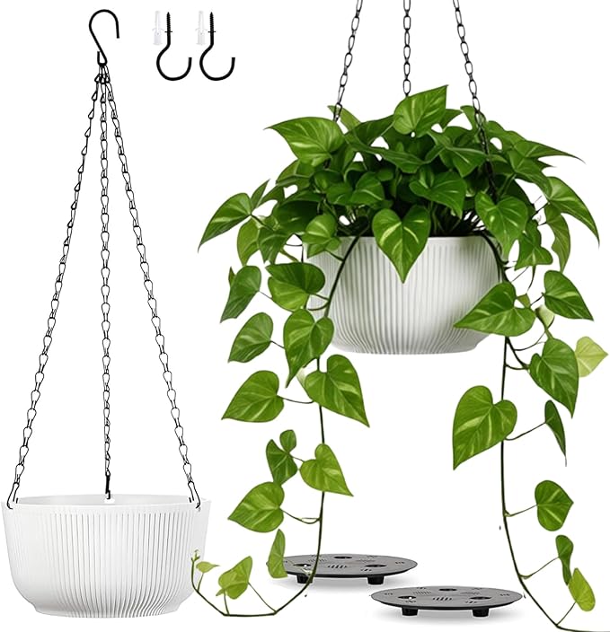 10 Inch Hanging Planters for Outdoor Indoor Plants, Set of 2 Self-Watering Hanging Pots with Drainage Hole & Plug II Screw-in Hooks II Non-deforming