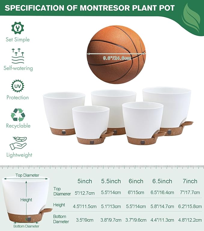 montresor 5-Pack Self-Watering Planters with Wick & Reservoir (5/5.5/6/6.5/7 Inch) – Plastic Indoor Pots with Drainage, White Flower Pot for Violet, Herb
