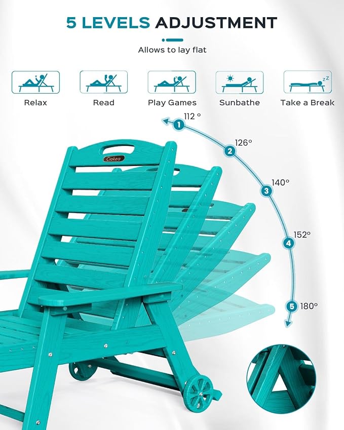 Lounge Chair Outdoor, Oversized Chaise Lounge Chair with 5 Positions, HDPE, Patio Lounge Chair with Wheels & Cup Holder for Pool, Deck, Poolside, Lake Blue