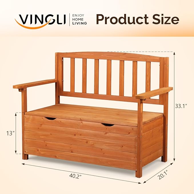 VINGLI Outdoor Storage Bench, Large Wood Deck Box with Seating, Weatherproof Outdoor Bench with Storage Loveseat, 2-Person Wooden Patio Bench for Entryway, Backyard, Garden