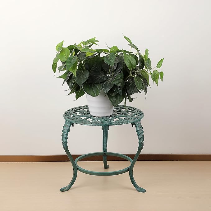 OwnMy Cast Iron Plant Stand Heavy Duty Vintage Wrought Iron Flower Pot Holder, Decorative Pedestal Potted Plant Rack, Indoor Metal Large Plant Stand for Outdoor Patio Garden Home, Antique Green