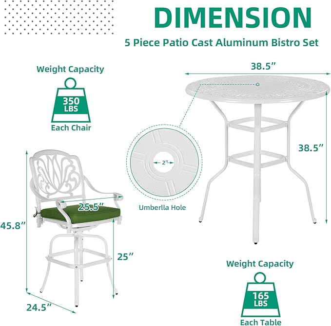 VIVIJASON 5-Piece Patio Swivel Bar Stools Set, All Weather Cast Aluminum Outdoor Bar Height Bistro Set with 4 Cushioned Bar Chairs & 38.5" High Bar Table w/Umbrella Hole for Backyard, Lawn, White