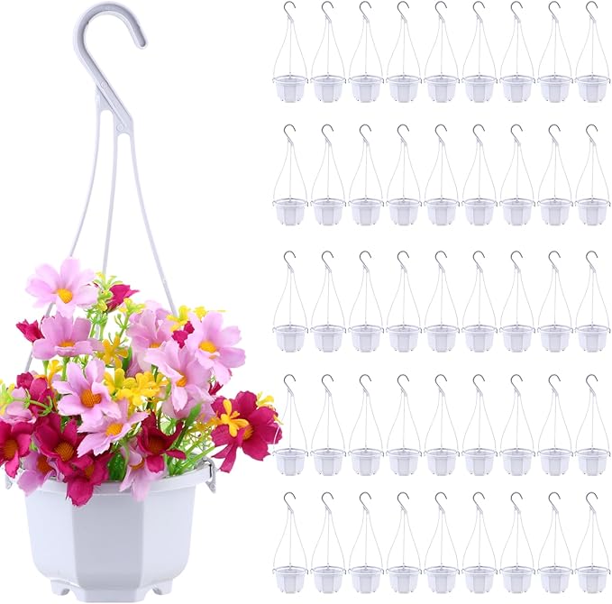 Roshtia 50 Pcs 3.7 inch Plastic Hanging Plant Pots with Hooks Flower Pots Baskets Outdoor Hanging Nursery Planter Holder for Home Garden Balcony Porch(Gray White, 3.7 inch)