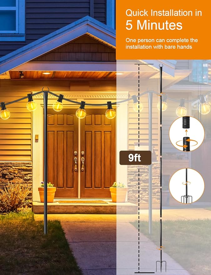 4 Pack String Light Poles for Outside, Thickened Metal Christmas Lights Hanger Pole Outdoor with Fork, Lighting Hanging Post Accessories for Patio Decor Garden Backyard Yard Outside Decorations