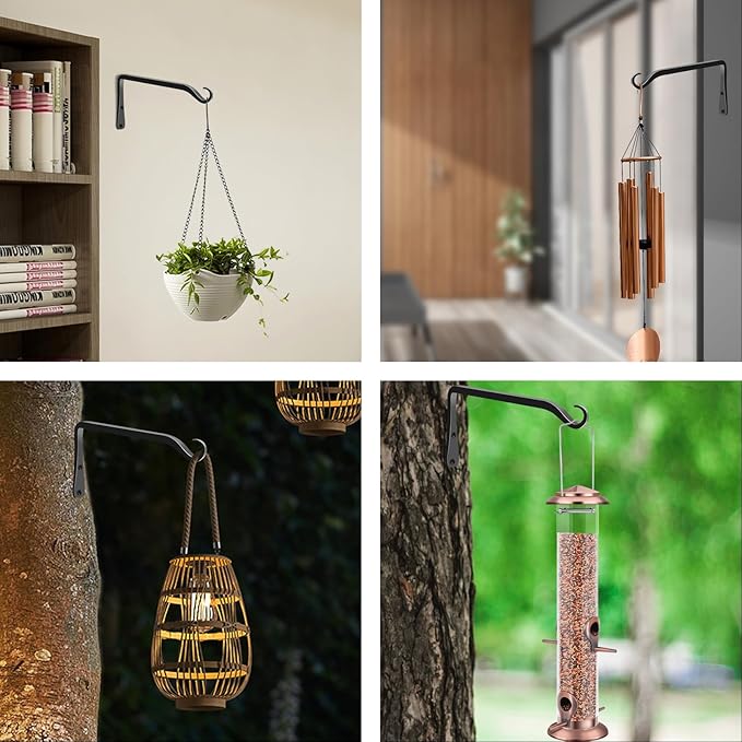 FEED GARDEN 2 Pack 8 Inch Hanging Plant Bracket Wall Hooks Decorative Plant Hangers for Outdoor Hanging Bird Feeders, Wind Chimes, Plant Baskets, Black