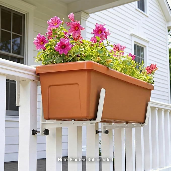 Window Box Brackets, Adjustable Planter Box Brackets, Heavy Duty Iron Flower Box Brackets for Railings, with Enhanced Bottom Support - Perfect for Balconies, Fences, and Gardens (White, 2 Pack)