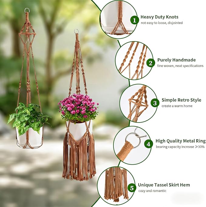 Macrame Plant Hangers, 6Pack Hanging Plant Holders Indoor w/ 6 Set Hooks Handmade Cotton Rope Plant Hangers Set Flower Pots Holder Stand Boho Home Decor Hanging Planters for Indoor Outdoor Plants