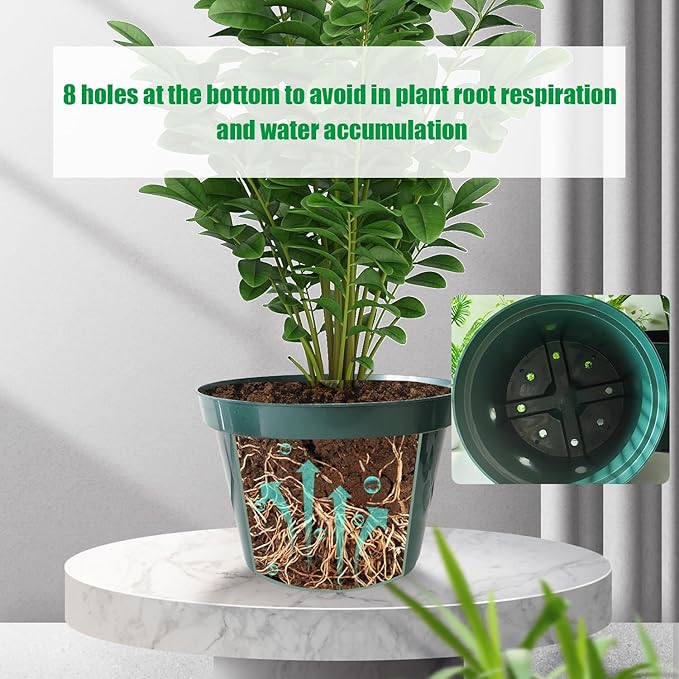 10 Pack Green Plastic Planter Pots, 10 Inch Thick with Multiple Drainage Holes, for Herbs, Strawberries, Flowers - Indoor/Outdoor