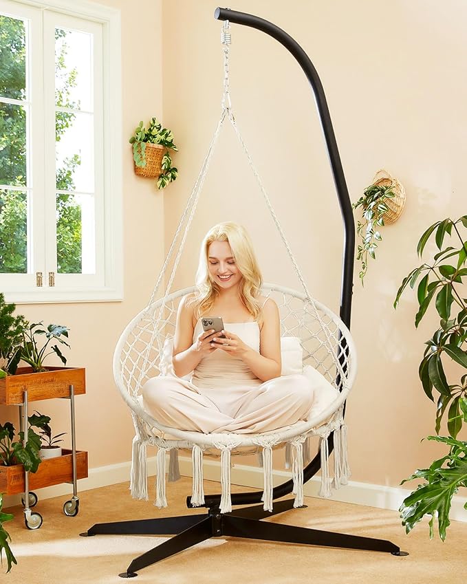 Greenstell Hammock Chair, Macrame Swing Chair with Comfy Cushion, Boho Hanging Chair for Outdoor & Indoor, Perfect for Bedroom, Patio, Balcony, Hold up to 350Lbs, Beige