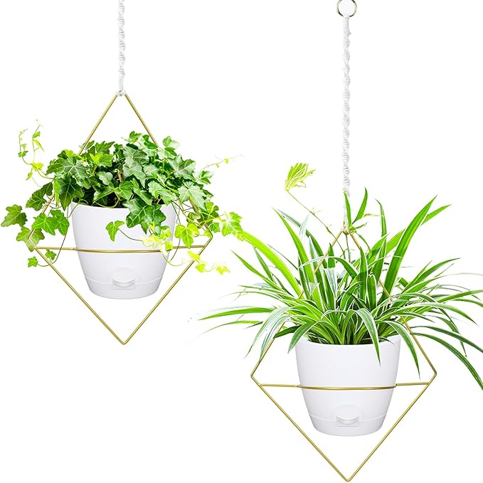 Hanging Planters for Indoor Plants, 2 Set Self Watering Hanging Flower Pots, Modern Hanging Plant Baskets with Metal Plant Holder & 6.5 Inch Plastic Pots for Garden Home Decor (Gold Frame White Pot)