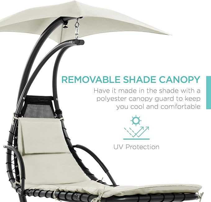 Best Choice Products Outdoor Hanging Curved Steel Chaise Lounge Chair Swing w/Built-in Pillow and Removable Canopy - Ivory