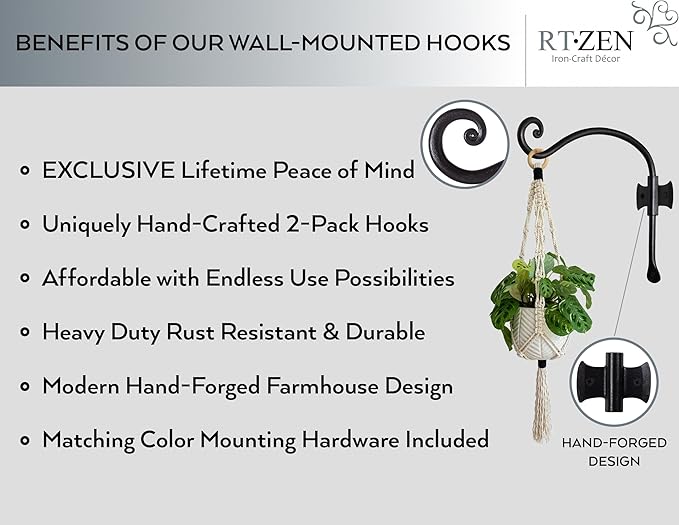 RTZEN Plant Hangers Indoor or Outdoor - Wrought Iron Metal Hanger Indoor Hook - Heavy Duty Wall Bracket Hooks for Hanging Plants Baskets Lanterns Wind Chimes - 2 Pack (Black Axe-Shape Hooks)