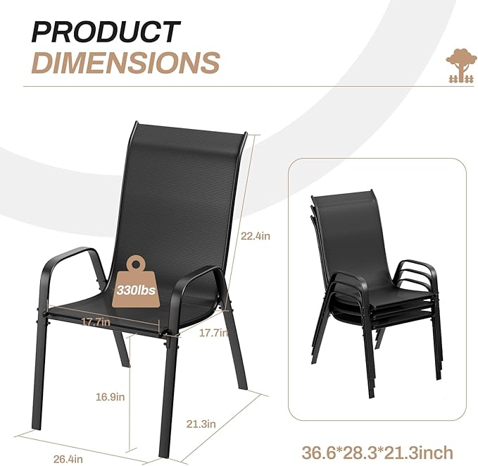 TLSUNNY Patio Chairs, Stackable Textilene Outdoor Dining Furniture for All Weather, with 17.7″ Wide Seat & Metal Frame, for Garden, Backyard, Deck, Restaurant, Poolside (4, Black, 26.4″)