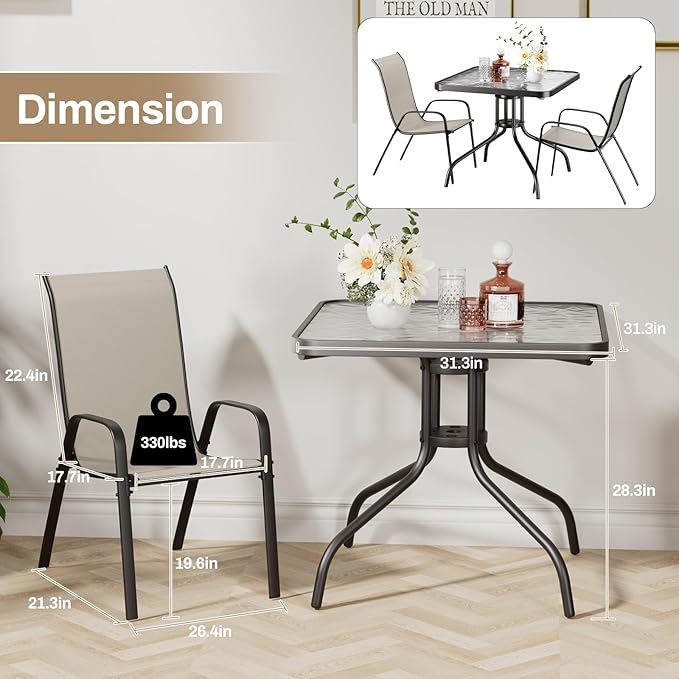 TLSUNNY Patio Dining Set 5 Pieces, All Weather Outdoor Furniture W/30"X 30" Table and 4 Stackable Textilene Chairs, Metal Table and Chairs for Patio, Lawn, Garden, Poolside, Backyard (Beige)