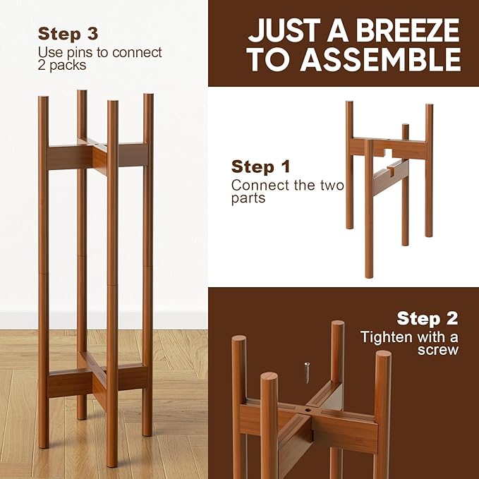 MUDEELA 2 Pack Indoor Plant Stands, 2 Tier Tall Plant Stand 30 inches, Mid Century Bamboo Plant Stand, Adjustable Width 8 - 12 inches, Fits Pot Size of 8 9 10 11 12 inches, Pot & Plant Not Included, Brown