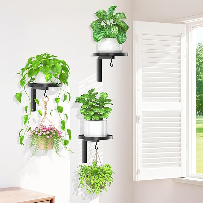 iDavosic.ly Wall Plant Holder Set of 3 for Indoor Outdoor, Metal Hanger with 3 Hooks, Floating Flower Display Stand for Window, Space Saving & Easy to Assemble (Pots/Chains/Plants Not Included)