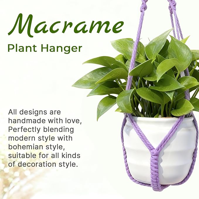 Macrame Plant Hanger, Up to 4-15 inch Pots, Wood Beads Cotton Hanging Planter Holder for Indoor Outdoor Boho Home Decor, 35 Inch, Set of 2 (Purple)