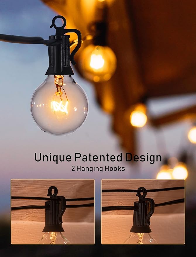 Outdoor String Light 55Feet G40 Globe Patio Lights with 52 Edison Glass Bulbs(2 Spare), Waterproof Connectable Hanging Christmas Lights for Backyard Porch Balcony Party Xmas Decor, E12 Socket, Black