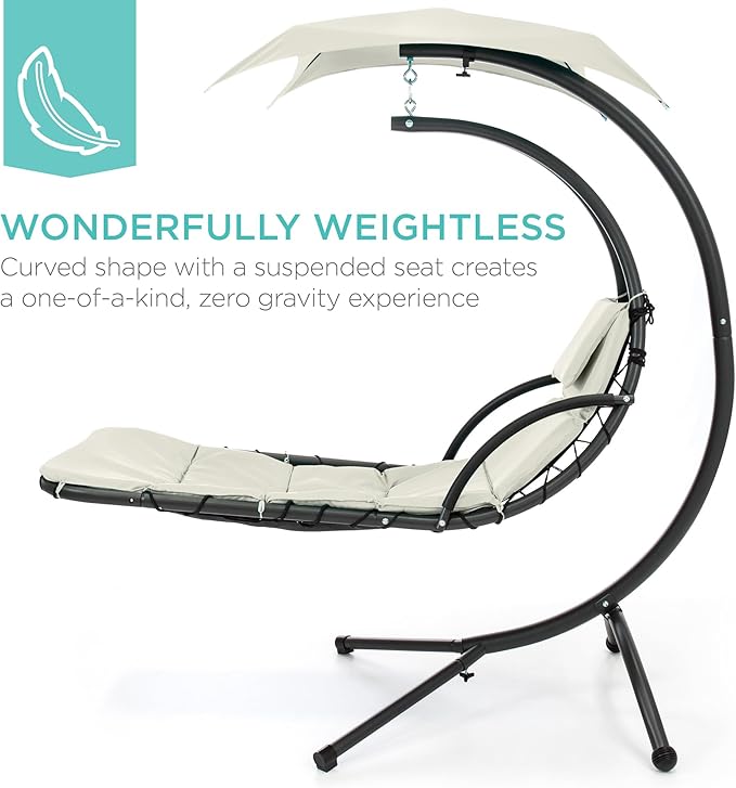 Best Choice Products Outdoor Hanging Curved Steel Chaise Lounge Chair Swing w/Built-in Pillow and Removable Canopy - Ivory