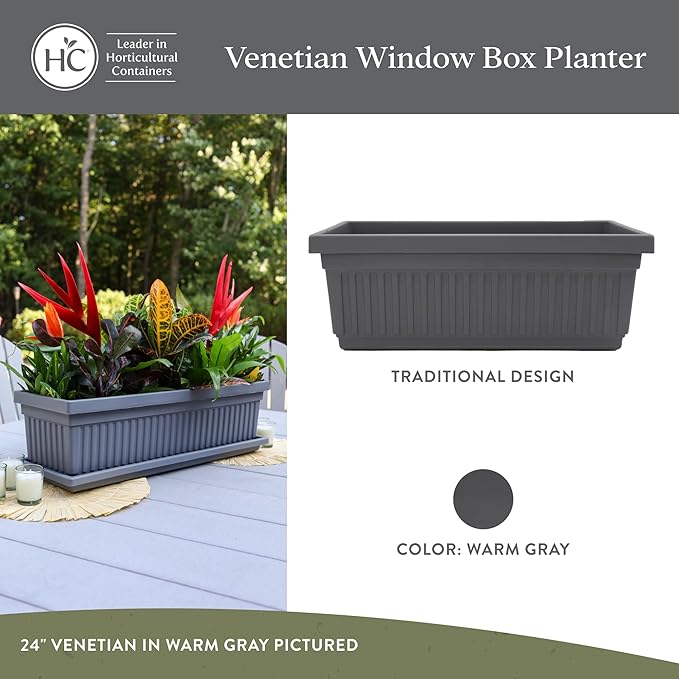 The HC Companies Venetian Window Planter Box w/Drain Plug - Long Planter Box for Windowsills, Balconies & More - Plastic Large Rectangular Planters for Herbs & Flowers (30" Warm Gray, Pack of 1)