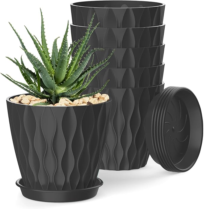 4 Inch Plant Pots, 6 Pack Indoor Flower Pots, Planters with Drainage Holes and Trays for Orchids, Violets, Succulents, Herbs, and Other Plants, Black