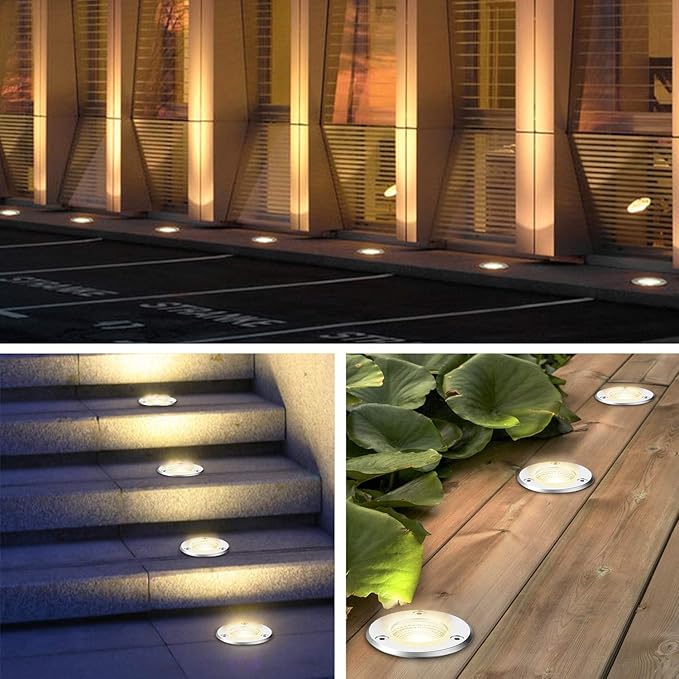 LED Landscape Lights, 12 Pack 7W Ground Lights With 24 Connectors, Low Voltage In-Ground Well Pathway Lighting, Warm White, Waterproof for Driveway, Deck, Step, Garden