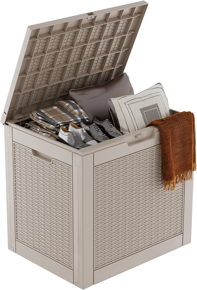 37 Gallon Outdoor Deck Box, Lockable Waterproof Outdoor Storage Boxes For Garden Tools,Indoor Cushions,Accessories Outside Storage Resin Weatherproof Container(Grey)