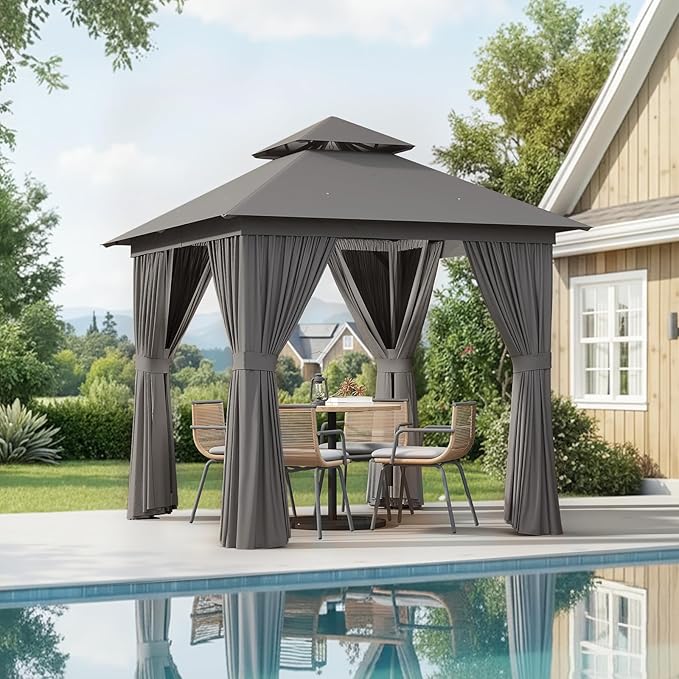 Aoxun Outdoor Gazebo for Patio 8x8, Metal Frame Canopy with Double Roofs, Heavy Duty Party Tent and Shelter with Mosquito Netting and Privacy Screen for Backyard, Lawn, Garden, Deck (Grey)
