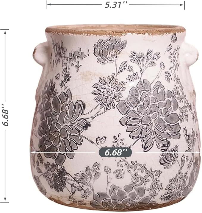 6.68in. Tuscan Planter & Room and Home Decor, Decorative Vase, Indoor/Outdoor Ceramic Plant Pot w/Drainage, French Country Decor Boho Decor, Gifts for Women Birthday Unique, Vintage Grey