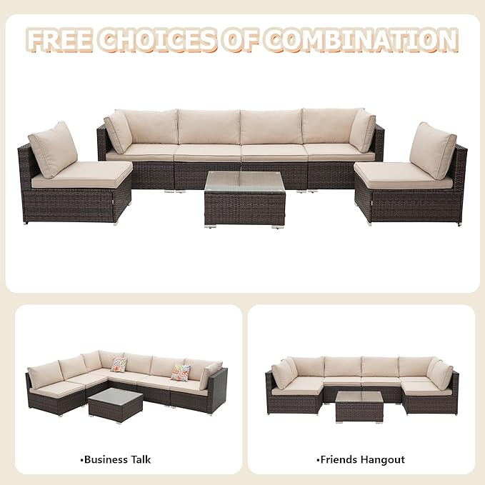7 Pieces Patio Furniture Set - All-Weather Outdoor Wicker Sectional Conversation Sofa, Rattan Patio Seating Sofa Set with Cushion and Glass Table for Porch Poolside, Brown/Beige
