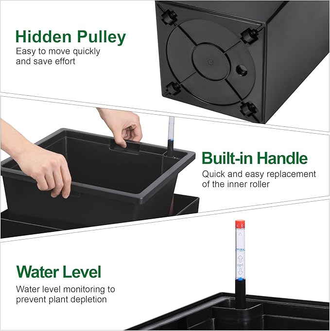 Garvee 30" Tall Planters Set of 2, Outdoor＆Indoor Black Planter Pots, High Front Porch Planter Pots with Drainage Holes＆Water Level Monitor＆Inner Bucket,Black
