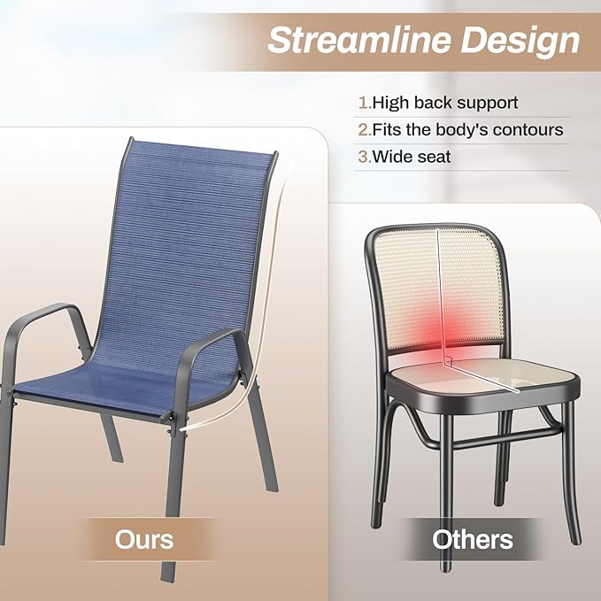 TLSUNNY Patio Chairs, Stackable Textilene Outdoor Dining Furniture for All Weather, with 17.7″ Wide Seat & Metal Frame, for Garden, Backyard, Deck, Restaurant, Poolside (4, Navy Blue, 26.4″)