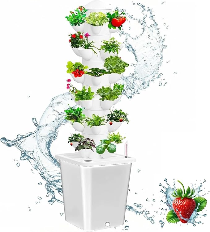 Vertical Hydroponic Tower Garden Growing System - Indoor Planter Kit with 30 Pods, Aeroponic-Style Tower for Herbs, Vegetables, Lettuce & Strawberries, Home Countertop Grow System, White