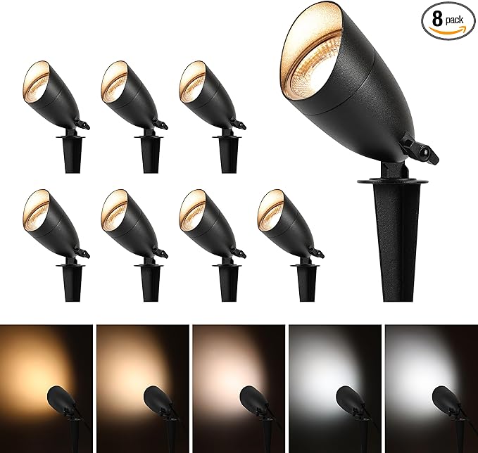 LUTEC 5CCT 12V Low Voltage Landscape Lighting Die-cast Aluminum Spot Lights with Connectors, IP65 Outdoor Landscape Spotlights, 7W 650LM for Tree Garden, 8 Pack (No Transformer Kits)