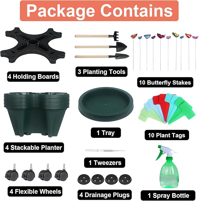 Vertical Planter 4 Tier Stackable Planters Garden Planters Strawberry Herb Flower and Vegetable Planter Indoor Outdoor Gardening Pots with Removable Wheels and Tools